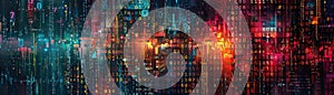 Binary code morphing into futuristic symbols on a hi-tech canvas