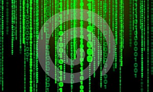 Binary code with neon green rays on a black background.
