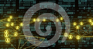 Binary code and network connections, data processing image over digital background