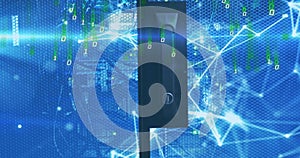 Binary code and network connections image over blue digital background