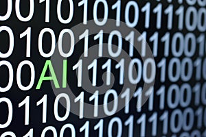 The binary code number background and word of AI in green color