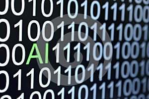 The binary code number background and word of AI in green color photo