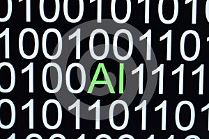 The binary code number background and word of AI in green color