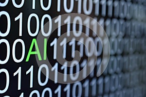 The binary code number background and word of AI in green color
