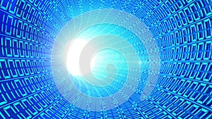 Binary code numbers in blue abstract speed motion in highway tunnel with light flare for futuristic network connection technology