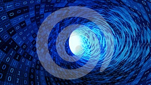 Binary code numbers in blue abstract speed motion in highway tunnel with light flare for futuristic network connection technology