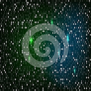 Binary code with numbers one and zero on dark background. Artificial intelligence. Big data. Smart system. Coding or