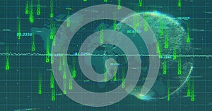 Binary code and numerical data over digital globe and world map image