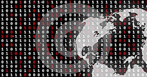 Binary code over image of globe, representing global data processing