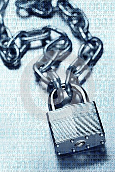Binary code overlaid on chain and padlock; digital security and encryption