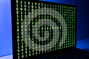Binary code and Password word background on laptop computer screen