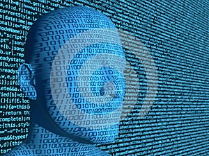Binary code projected on a blue head in front of a computercode