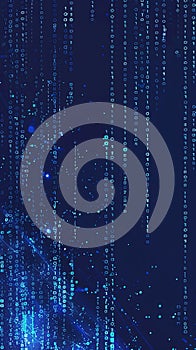 Binary code rain on dark blue background. Concept of big data, programming software development cybersecurity and technology