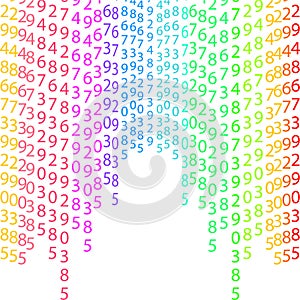 Binary code rainbow and white background with digits on screen.