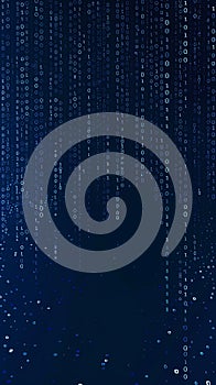 Binary code raining down a dark blue background. Concept of data, programming technology and cybersecurity