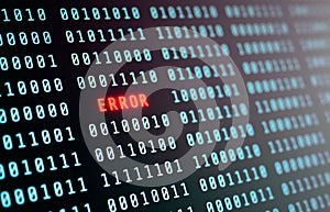 Binary code with a red ERROR text in the center, representing system failure, coding bug.