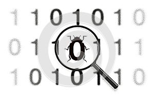 Binary code scan. One bug disguised as zero. Virus identify, web protection concept. Malware icon pattern. Magnifying