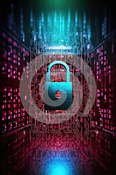 binary code on a screen with a cybersecurity lock icon