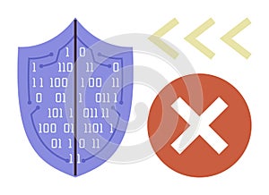 Cybersecurity Shield with Binary Code and Warning Symbol for Data Protection