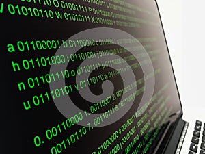 Binary code Software development. Writing programming code on laptop.
