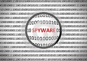 Binary code with SPYWARE and magnifying lens