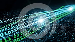 Binary code stream flowing across a dark circuit board