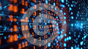 Binary code stream flowing on dark background representing big data