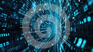 Binary code stream flowing through digital data tunnel