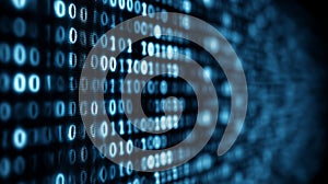 Binary code stream illuminating digital data on a computer screen, representing abstract technology, computing, security, and