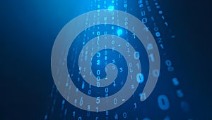 Binary code streams downwards in a vibrant display, symbolizing the flow of digital information