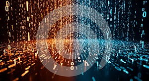 Digital Binary Code Stream Falling in Orange and Blue Light data technology