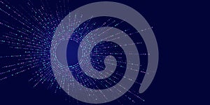 Binary code streams radiate from center as dotted lines. Digital data flow graphic for tech, AI or network concepts. Abstract