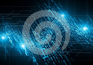 Binary code streams in shades of blue against a dark background,