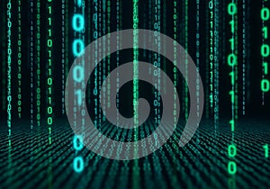 Binary code streams in vertical lines against a dark background, reminiscent of a digital rain or