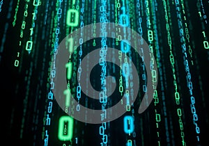 Binary code streams vertically against a dark background, featuring glowing blue and green digits.
