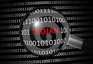 Binary code with trojan and magnifying lens
