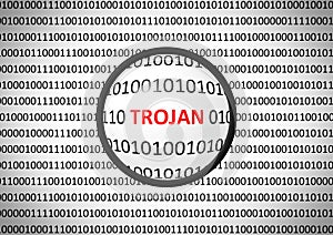 Binary code with TROJAN VIRUS and magnifying lens