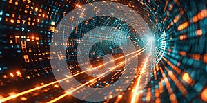 Binary code tunnel with digital elements. Abstract art digital image. AIG49.