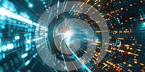 Binary code tunnel with digital elements. Abstract art digital image. AIG49.