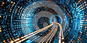 Binary code tunnel with digital elements. Abstract art digital image. AIG49.