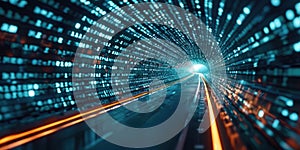 Binary code tunnel with digital elements. Abstract art digital image. AIG49.