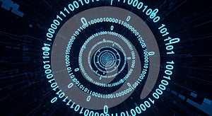 Digital binary code tunnel with glowing blue numbers and circuit board background