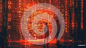 Binary code Two people standing in front of a red binary code wall AIG535