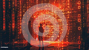 Binary code Two people standing in front of a red binary code wall AIG535