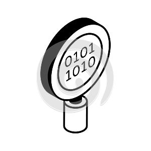 Binary code under magnifier, icon of binary search, code exploration