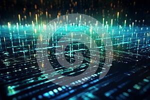 Binary code waves depict data flow digital security in internet technology