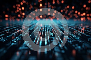 Binary code waves depict data flow digital security in internet technology