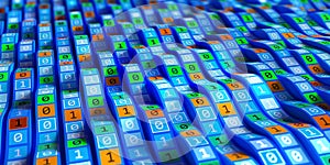 Binary code waves, wavy lines digital global data flow concept