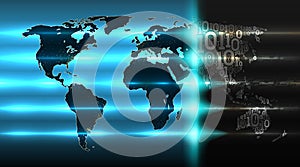 Binary code world map with a background of abstract hardware. Concept of digital technology, cloud service, internet of things