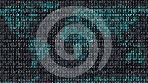 Binary code. Zeros and ones in the form of a map of the world. Coding. 3D render.